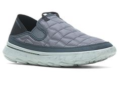 Merrell Hut Moc 2 - Men's Shoes : Rock : Verified vegan construction. The primary materials that compose this product contain a minimum of 20 percent recycled content. Stay super-light walking in the ultra-comfy, new and improved Merrell Hut Moc 2 slip-on shoes that feature BLOOM algae in the foam and a nylon ripstop quilted upper, so you can enjoy adventures well beyond the warming hut. Double stretch gore for easy on and off with a microfiber collapsible heel. Recycled mesh lining. NXT lined i Sporty Nylon Slip-on Sneakers, Outdoor Gray Cushioned Slip-on Sneakers, Nylon Walking Shoes With Rubber Sole, Functional Slip-on Sneakers With Removable Insole, Functional Slip-on Sneakers With Cushioned Footbed For Walking, Outdoor Synthetic Slip-on Slip-resistant Sneakers, Outdoor Slip-resistant Synthetic Slip-on Sneakers, Functional Cushioned Slip-on Sneakers, Functional Synthetic Slip-on Sneakers For Outdoor