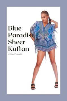 Looking for a glamorous addition to your wardrobe? Look no further than the Blue Paradise Sheer Kaftan! This must-have piece is the perfect combination of luxury and style. Crafted with silky poly georgette, it feels as luxurious as it looks. The Blue Fantasy mix media print is a stunning combination of paisleys and flowers that will turn heads wherever you go. Summer Georgette Tunic Kaftan, Silk Blouse For Vacation, Summer Tunic Dress In Georgette, Blue Georgette Blouse For Summer, Elegant Summer Georgette Blouse, Elegant Silk Blouse For Vacation, Chic Fitted Summer Kaftan, Blue Chic Kaftan For Summer, Blue Chiffon Kaftan For Summer