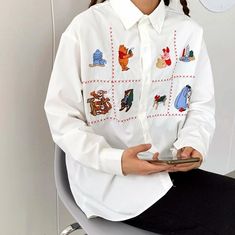 Cartoon Animal Embroidery Long Sleeve Shirt sold by Tony Moly Store on Storenvy Long Sleeve Shirt With Cartoon Print For Spring, Long Sleeve Cartoon Print Relaxed Fit Shirt, Relaxed Fit Long Sleeve Shirt With Cartoon Print, White Cotton Shirt With Cartoon Print, White Embroidered Casual Shirt, Casual White Embroidered Shirt, White Cartoon Print Shirt For Spring, White Collared Embroidered Shirt, White Embroidered Collared Shirt