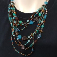 Multi Colored Glass Beads Of Turquoise, Brown And Amber 16”L - 2.5” Extender Jewelry 2024, Earrings Necklace Set, Jewelry Designer, Bead Necklace, Earring Necklace, Colored Glass, Multi Colored, Jewelry Inspiration, Necklace Set