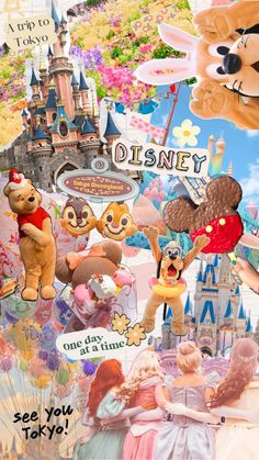 the collage has many images of disney characters and their names on it, including teddy bears