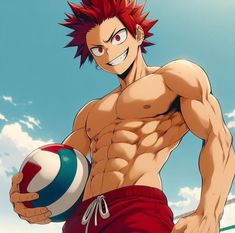 an anime character with red hair holding a ball