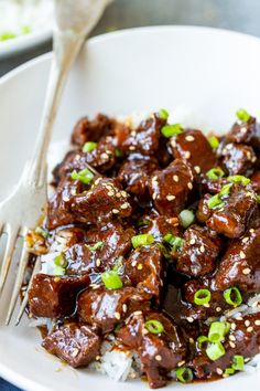 a close up of a plate of food with rice and meat in sauce on it