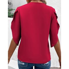 Red Solid Lace V Neck Bell Sleeve Blouse Red Solid Color V-neck Top, Red Solid Color Blouse For Spring, Red Solid Color V-neck Blouse, Red V-neck Solid Color Blouse, Chic Red Crew Neck Blouse, Red Solid Color Top For Spring, Red Solid Color Spring Top, Loose Dress Pattern, Shirt Elegant