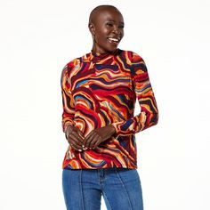 IMAN Global Chic Printed Mesh Mock-Neck Top  Here's one of those must-have items for seasons to come. This printed mesh top makes fabulous foundation piece for a variety of great looks. Casual Tops With Vibrant Print For Fall, Red Tops With Vibrant Print For Fall, Multicolor Turtleneck Tops For Fall, Multicolor Print Tops For Fall, Multicolor Vibrant Print Top For Fall, Stretch High Neck Top With Graphic Print, Fall Multicolor Print Top, Fitted Red Top With Vibrant Print, Trendy Multicolor Print Tops For Fall