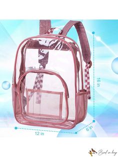 BirdinBag - Pink Clear Heavy Duty Backpack: Transparent PVC Bookbag for Men and Women Pink School Backpack With Clear Strap, Pink Backpack With Clear Strap For Everyday Use, Pink Mesh Travel Bag, Daily Use Mesh Backpack Bag, School Backpack With Transparent Straps And Rectangular Shape, Student Back To School Bag With Transparent Straps, Clear Rectangular Backpack For School, Rectangular Clear Backpack For Everyday Use, Rectangular Backpack With Transparent Straps For Travel