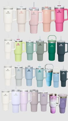 many different colored cups with lids and handles