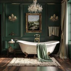 an ornate bathroom with green walls and wood flooring, chandelier above the bathtub