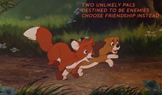 the fox and the hound is running in front of two other dogs that are looking at each other