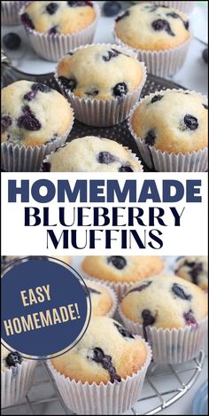 homemade blueberry muffins on a cooling rack with text overlay that reads, homemade blueberry muffins easy homemade