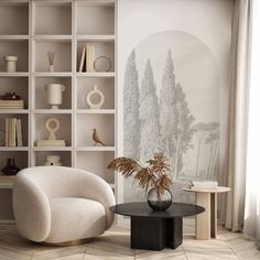 a chair and table in front of a bookcase with books on it's shelves