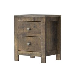 a wooden night stand with two drawers on one side and an open drawer on the other