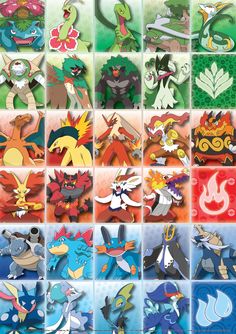 many different types of pokemons are shown in this image, with the same colors and shapes