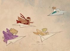 an image of paper planes flying in the sky with cartoon characters on them and one man holding a kite