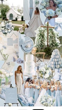 a collage of blue and white wedding colors with the bride's bouquets