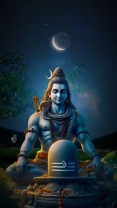 an image of the hindu god sitting on a rock in front of a full moon