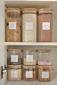 the pantry shelves are filled with various types of rice and other items to cook in