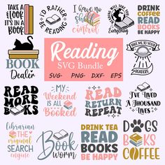 the reading svg bundle includes books, coffee mugs and other things to read