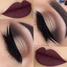 Double Eyeliner + Matte Plum Lips Make Up Mata, Double Eyeliner, Gold Smokey Eye, Plum Lips, Makeup Tip, Batons Matte, Beauty Make-up