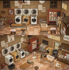 an overhead view of a laundry room with washers, dryers and other appliances