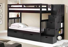 a bunk bed with drawers underneath it