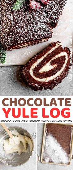 chocolate yule log cake with white frosting and sprinkles