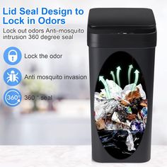 a black trash can sitting on top of a table next to a white wall with the words lid seal design to lock in odors