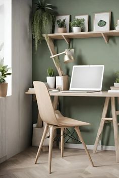 a laptop computer sitting on top of a wooden desk next to a plant filled wall