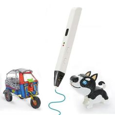 a pen and toy dog are next to each other on a white background with an image of a car