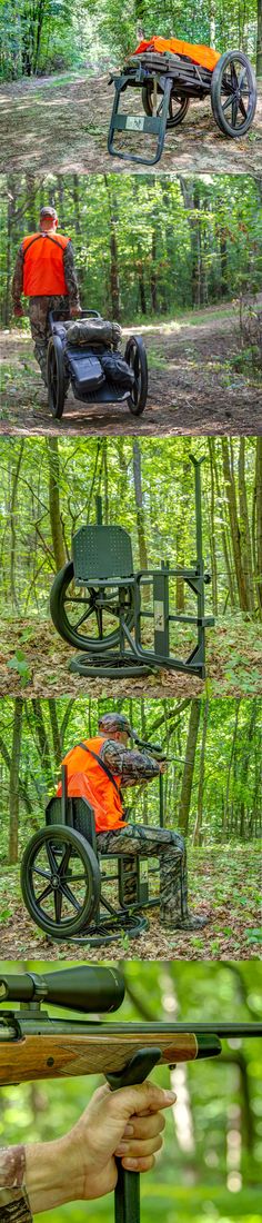 four different views of an old car in the woods