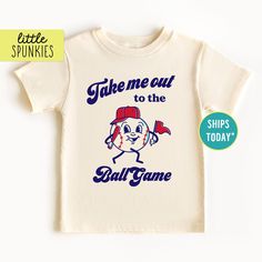 Retro Baseball Tee for Kids, Take Me Out to the Ballgame T-Shirt, Game Day Shirt (SMILEY FACE) PRODUCTION TIME Little Spunkies from the designer/owner of Spunky Pineapple Co https://www.etsy.com/shop/SpunkyPineappleCo   All baby and toddler clothes are 100% designed and printed with water based ink. All orders placed before 12:00 pm EST are shipped out same day (Monday - Friday). Orders received after noon are shipped out the next business day. ONESIES® BRAND Made from 100% Cotton. We print on Onesies® Brand. T-SHIRT Made from 100% Cotton. These run true to size. If you are in between sizes we suggest sizing up. CARE Machine wash in cold water, inside out, and tumble dry.   SHIPPING All orders are shipped out via USPS First Class Mail (3-4 days).   Shipping upgrades are available at checko Screen Print Short Sleeve T-shirt For Playtime, Cotton Slogan T-shirt For Fan Gear, Funny Crew Neck T-shirt For Playtime, Crew Neck Tops With Letter Print For Playtime, Graphic Print Crew Neck Shirt For Playtime, Playful Fan Merchandise T-shirt With Crew Neck, Crew Neck Tops With Screen Print For Playtime, Playful Short Sleeve Top For Fan Merchandise, Fun Sports T-shirt Short Sleeve