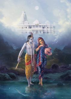 a painting of two people standing in the water next to each other with a temple in the background