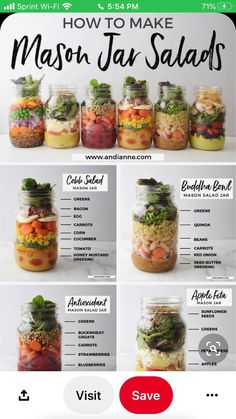 mason jar salads with instructions for how to make them in the same jar and then put