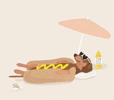 a hot dog on a bun with mustard and ketchup next to an umbrella