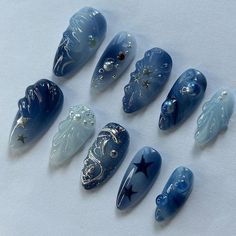 Wedding Nails ,blue Almond Nails Hand Painted Nail,custom Press on Nails,3d Nails,acrylic Nails ,fake Nails,nail Art,dreamy Nails - Etsy Gel Ink Nails, Jellyfish Nails, Fake Nails Designs, Girly Acrylic Nails, Really Cute Nails, Manicure Y Pedicure