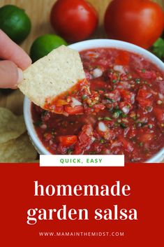 homemade garden salsa in a white bowl with tortilla chips and tomatoes on the side