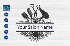 a salon logo with scissors, combs and hair dryer on it's side