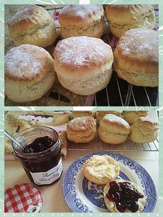 there are several different pictures of biscuits and jams on the table, one is blue and white