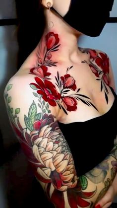 Her tattoo is very attractive.  Very colorful.  Would you like to try a tattoo like this? Neck Shoulder Tattoo, Chest Neck Tattoo, Flower Neck Tattoo, Women's Tattoos, Botanical Tattoo Design, Full Chest Tattoos, Her Tattoo, Side Neck Tattoo, Colorful Tattoos