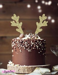 a chocolate cake decorated with reindeer antlers and sprinkles on a table