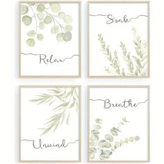 four watercolor paintings with the names of different plants