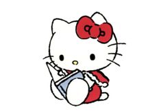 an image of hello kitty holding a book and wearing a red bow on her head