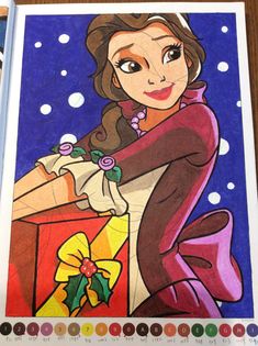 a drawing of a woman holding a christmas present with colored pencils in front of her