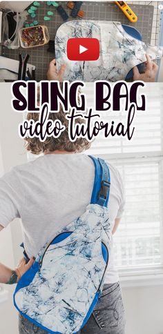 a person with a back pack on their shoulder and the words sling bag video tutor