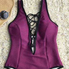 Tried On Once And Realized I Order The Wrong Size For Me. This Is So Cute! Nice Quality/ Thick Material! Questions? Leave A Comment Below! Bathing Suits One Piece, Deep V, Bathing Suit, Purple Color, Womens Swim, Bathing Suits, So Cute, Lace Up, One Piece