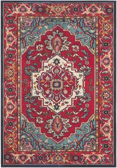 a red and blue rug with an ornate design