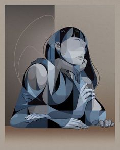 an abstract painting of a woman sitting at a table with her hands on her chest