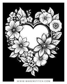 a black and white heart with flowers in the shape of a flower frame on a black background