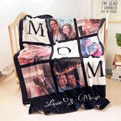 a blanket that has photos on it with the words mom and two women in them