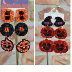 Halloween Beaded Earrings Beaded Earrings For Halloween Party, Halloween Party Beaded Earrings, Red Halloween Earrings, Spooky Beaded Earrings, Fun Orange Earrings For Halloween, Fun Halloween Dangle Earrings, Halloween Delica Earrings, Fun Orange Halloween Earrings, Halloween Orange Nickel-free Earrings